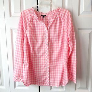 Talbots Size Large Ruffle Blouse Fancy Plaid Pink White Gingham